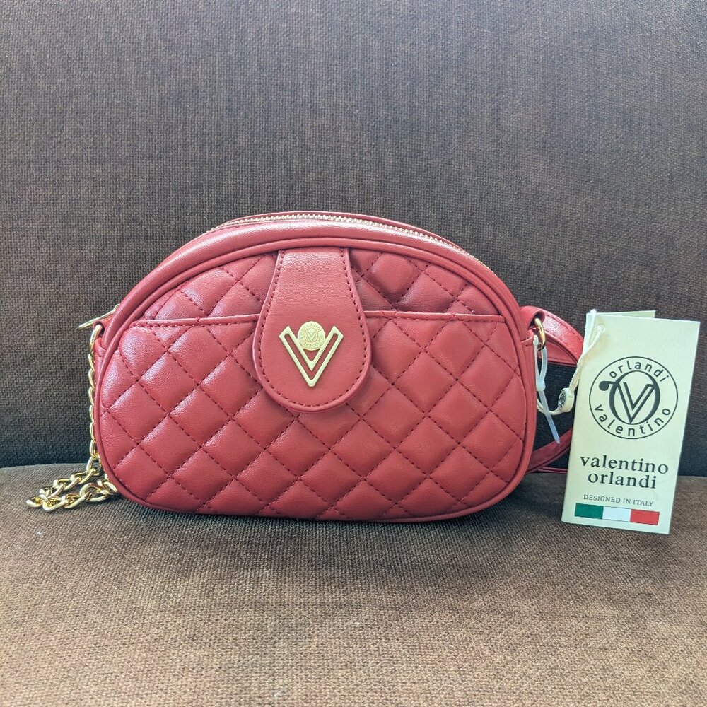 Valentino Orlandi Small Quilted Red Taupe Crossbody Shoulder Bag NWT
